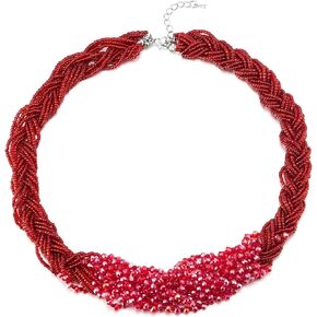 COOLSTEELANDBEYOND Bright Red Crystal Braided Beads Chain Statement Necklace Multi-Layer Large Choker Collar