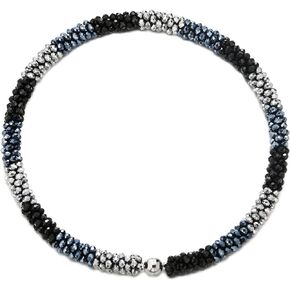 COOLSTEELANDBEYOND Statement Necklace Silver Blue Black Beads Crystal Braided Chain Choker Collar Magnetic Clasp