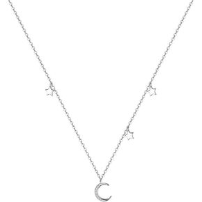 Lucky Star Crystal Crescent Moon 925 Sterling Silver Choker Pendant Necklace for Women Christmas Dainty Disc Layered Chain Jewelry Gifts Best Friend