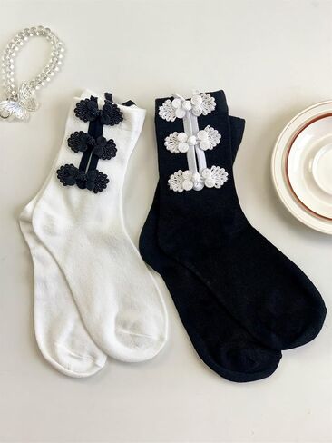 OYOANGLE Women's 2 Pairs Buckle Decor Solid Soft Crew Socks lightweight Comfortable Soft Socks Preppy For Daily in Saudi Arabia