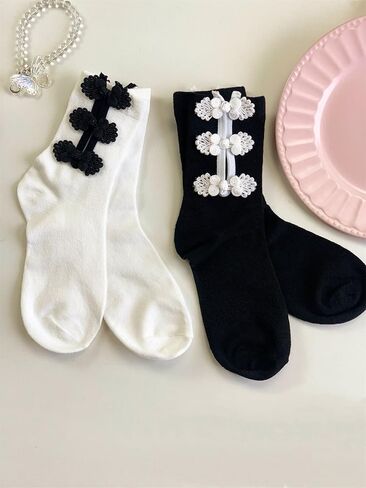 OYOANGLE Women's 2 Pairs Buckle Decor Solid Soft Crew Socks lightweight Comfortable Soft Socks Preppy For Daily in Saudi Arabia