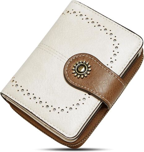Small Womens Wallet Leather RFID Blocking Bifold Compact Card Holder Ladies Zipper Accordion Pocket with ID Window Beige＆Brown in Saudi Arabia