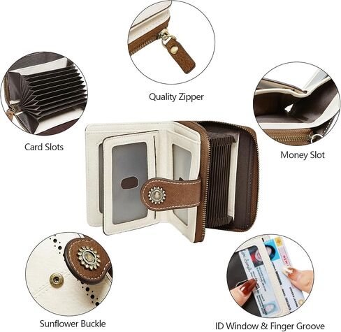Small Womens Wallet Leather RFID Blocking Bifold Compact Card Holder Ladies Zipper Accordion Pocket with ID Window Beige＆Brown in Saudi Arabia