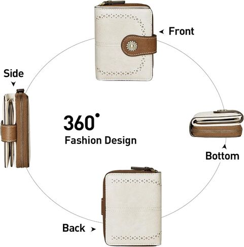 Small Womens Wallet Leather RFID Blocking Bifold Compact Card Holder Ladies Zipper Accordion Pocket with ID Window Beige＆Brown in Saudi Arabia