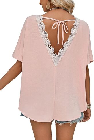 Women's Casual Short Sleeve Crew Neck Lace Tie Backless Loose Blouses Shirt Top in Saudi Arabia