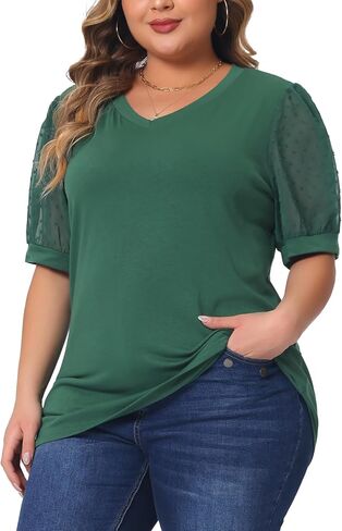 Agnes Orinda Plus Size Tops for Women V Neck Swiss Dots Puff Sleeve Shirts Loose Casual Blouses Tee Shirt in Saudi Arabia