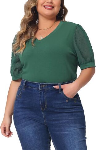 Agnes Orinda Plus Size Tops for Women V Neck Swiss Dots Puff Sleeve Shirts Loose Casual Blouses Tee Shirt in Saudi Arabia