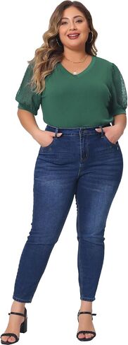 Agnes Orinda Plus Size Tops for Women V Neck Swiss Dots Puff Sleeve Shirts Loose Casual Blouses Tee Shirt in Saudi Arabia