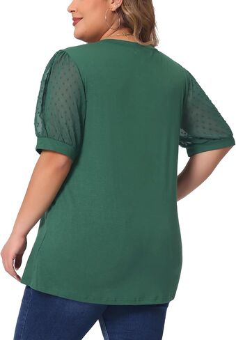 Agnes Orinda Plus Size Tops for Women V Neck Swiss Dots Puff Sleeve Shirts Loose Casual Blouses Tee Shirt in Saudi Arabia