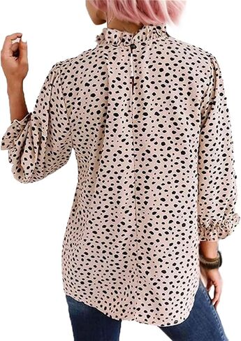 Womens Casual Mock Neck Leopard Tunic Blouses Tops Long Sleeve Button Down Shirts in Saudi Arabia
