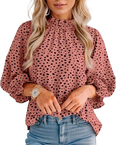 Womens Casual Mock Neck Leopard Tunic Blouses Tops Long Sleeve Button Down Shirts in Saudi Arabia