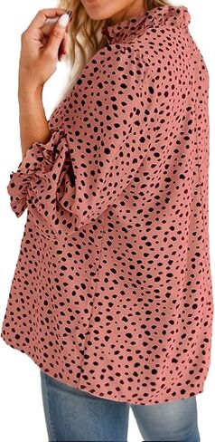 Womens Casual Mock Neck Leopard Tunic Blouses Tops Long Sleeve Button Down Shirts in Saudi Arabia