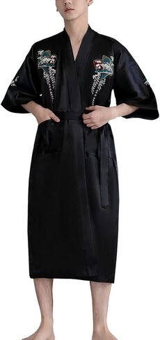 Unisex Satin Bathrobe Floral Embroidered Half Sleeve Lightweight Bath Robe Nightgown Sleepwear Pajamas in Kuwait