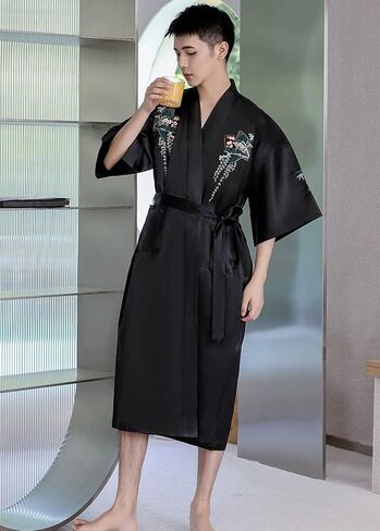 Unisex Satin Bathrobe Floral Embroidered Half Sleeve Lightweight Bath Robe Nightgown Sleepwear Pajamas in Kuwait