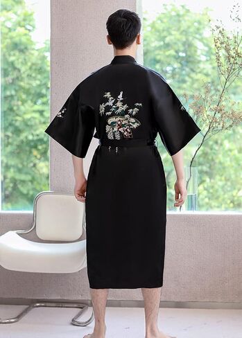 Unisex Satin Bathrobe Floral Embroidered Half Sleeve Lightweight Bath Robe Nightgown Sleepwear Pajamas in Kuwait