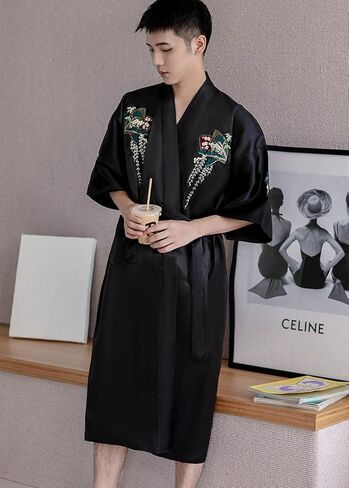 Unisex Satin Bathrobe Floral Embroidered Half Sleeve Lightweight Bath Robe Nightgown Sleepwear Pajamas in Kuwait