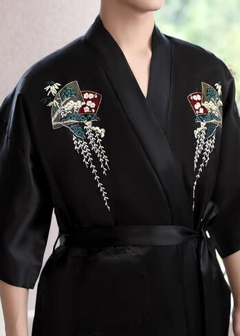 Unisex Satin Bathrobe Floral Embroidered Half Sleeve Lightweight Bath Robe Nightgown Sleepwear Pajamas in Kuwait