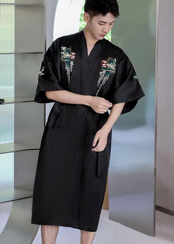 Unisex Satin Bathrobe Floral Embroidered Half Sleeve Lightweight Bath Robe Nightgown Sleepwear Pajamas in Kuwait