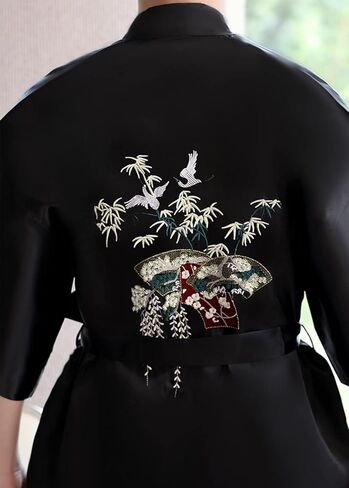 Unisex Satin Bathrobe Floral Embroidered Half Sleeve Lightweight Bath Robe Nightgown Sleepwear Pajamas in Kuwait