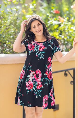 Women Casual Crewneck Short Sleeve Pockets Swing T-Shirt Dress in Saudi Arabia