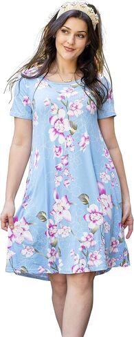 Women Casual Crewneck Short Sleeve Pockets Swing T-Shirt Dress in Saudi Arabia