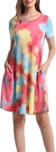 Women Casual Crewneck Short Sleeve Pockets Swing T-Shirt Dress in Saudi Arabia