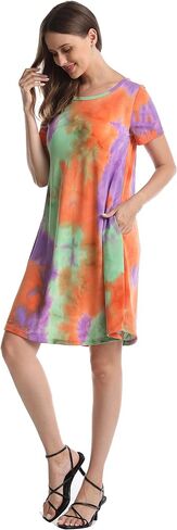 Women Casual Crewneck Short Sleeve Pockets Swing T-Shirt Dress in Saudi Arabia