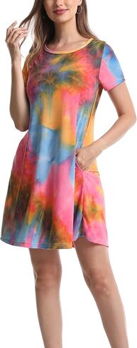 Women Casual Crewneck Short Sleeve Pockets Swing T-Shirt Dress in Saudi Arabia