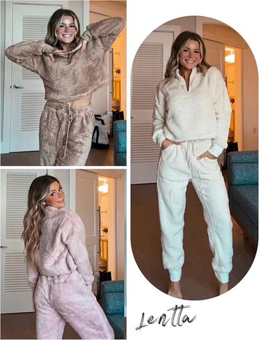 أطقم بيجامات صوف نسائية من Lentta ملابس نوم دافئة منفوشة مكونة من قطعتين مع جيوب in Kuwait