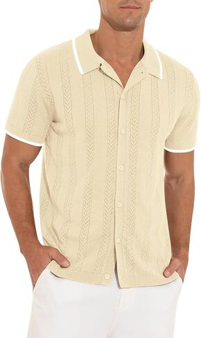Men's Casual Button Down Shirt Short Sleeve Vintage Clothes Knit Polo Shirts Summer Beach Shirts in Kuwait