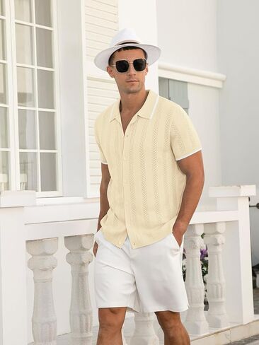 Men's Casual Button Down Shirt Short Sleeve Vintage Clothes Knit Polo Shirts Summer Beach Shirts in Kuwait