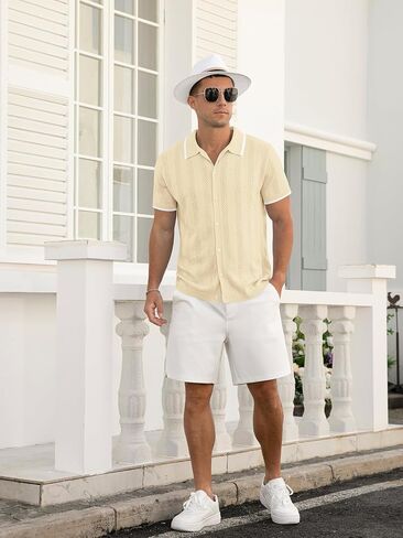 Men's Casual Button Down Shirt Short Sleeve Vintage Clothes Knit Polo Shirts Summer Beach Shirts in Kuwait