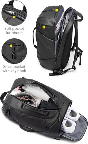حقيبة ظهر قابلة للتحويل لصالة الألعاب الرياضية للرجال والنساء - حقيبة ظهر للسفر مع حجرة للكمبيوتر المحمول والأحذية - حقيبة دفل للحمل لصالة الألعاب الرياضية والعمل والرياضة (35 لتر) (أسود، متوسط) in Kuwait