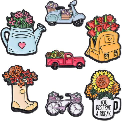 Colorful Flower Enamel Pins for WomenKids,7 Pieces Knapsack Kettle Galoshes Pickup Truck Gardening Enamel Brooch Pins Cartoon Plant Brooch Badge Pins for Jackets Backpacks in Kuwait