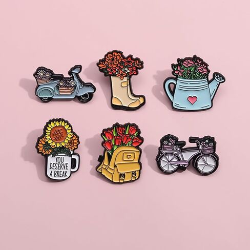 Colorful Flower Enamel Pins for WomenKids,7 Pieces Knapsack Kettle Galoshes Pickup Truck Gardening Enamel Brooch Pins Cartoon Plant Brooch Badge Pins for Jackets Backpacks in Kuwait