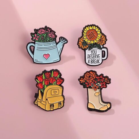 Colorful Flower Enamel Pins for WomenKids,7 Pieces Knapsack Kettle Galoshes Pickup Truck Gardening Enamel Brooch Pins Cartoon Plant Brooch Badge Pins for Jackets Backpacks in Kuwait