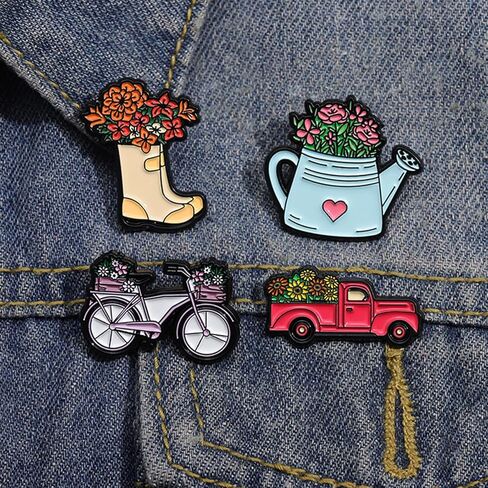 Colorful Flower Enamel Pins for WomenKids,7 Pieces Knapsack Kettle Galoshes Pickup Truck Gardening Enamel Brooch Pins Cartoon Plant Brooch Badge Pins for Jackets Backpacks in Kuwait
