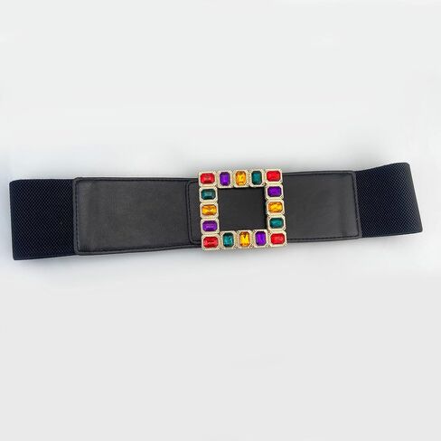 Women Elastic Belt for Dresses with Big Rhinestone Square Buckle—Ladies Elastic Vintage Wide Waist Belt for Women/Girls in Saudi Arabia