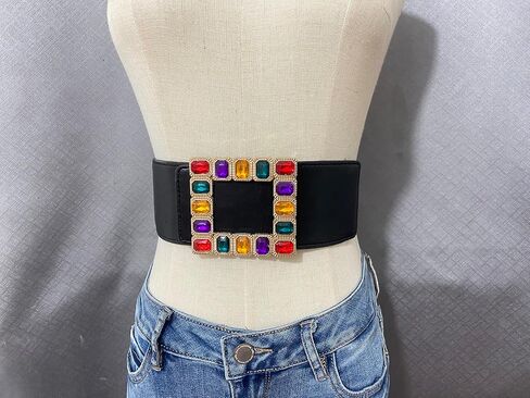 Women Elastic Belt for Dresses with Big Rhinestone Square Buckle—Ladies Elastic Vintage Wide Waist Belt for Women/Girls in Saudi Arabia