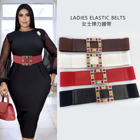 Women Elastic Belt for Dresses with Big Rhinestone Square Buckle—Ladies Elastic Vintage Wide Waist Belt for Women/Girls in Saudi Arabia