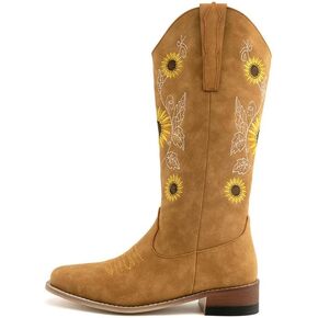 WIRALOMI Sunflower Cowboy Boots for Women, Embroidery Cowgirl Mid Calf Boots with Floral, Pointed Toe Chunky Heel Western Bootss