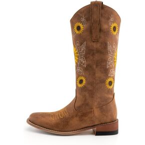 WIRALOMI Sunflower Cowboy Boots for Women, Embroidery Cowgirl Mid Calf Boots with Floral, Pointed Toe Chunky Heel Western Bootss