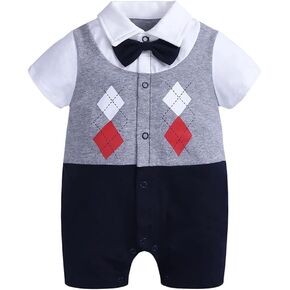 Baby Boys Gentleman Romper Tuxedo Jumpsuit One-Piece Button-Down Bowtie Wedding Suit Bodysuit