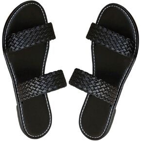 GORGLITTER Women's Braided Leather Flats Sandal Dressy Cute Double Band Open Toe Slip on Slide Sandals