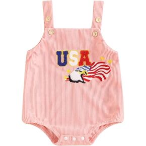 Lesimsam 4th of July Baby Girl Outfit Newborn Infant Strap Sleeveless USA Embroidery Overall Romper Jumpsuit One-Piece Outfit