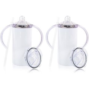 2 Pack Sublimation Blank Sippy Cup Tumblers with Handles Straight Stainless Steel Insulated Skinny Tumblers with Splash-proof Lid 12 oz Shatterproof Water Tumbler
