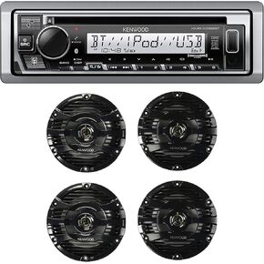 KENWOOD KMR-D382BT Car & Marine Stereo-Single Din, Bluetooth Audio, CD USB MP3, Aux in, AM FM Radio, Weatherproof | Plus 2X KENWOOD KFC-1653MRB 6.5" Black Marine 2 Way Speakers 150 Watts