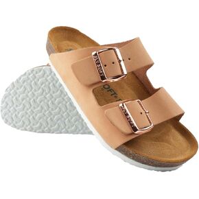 Women's 100% Genuine Leather Sandals - Comfortable Memory Foam Footbed, Slip-On Slides for Summer Wear, Adjustable Fit and Durable Non-Slip Sole