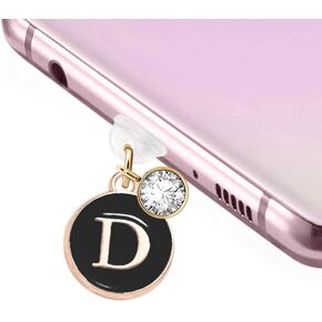 ELISE & FONDA TP30 Type-C USB Charging Port Anti Dust Plug Tiny Round Letter D Cell Phone Charm for Samsung Galaxy/Huawei/OnePlus/Xiaomi/Oppo New Android Phones(Black)