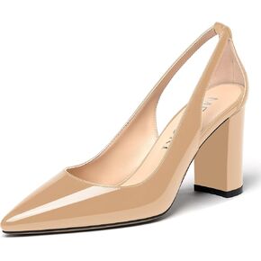 MERRORI Women's Pumps Chunky High Heel Pumps Pointed Toe Cut Out Heels Block Patent Slip On Shoes 3.3 Inch
